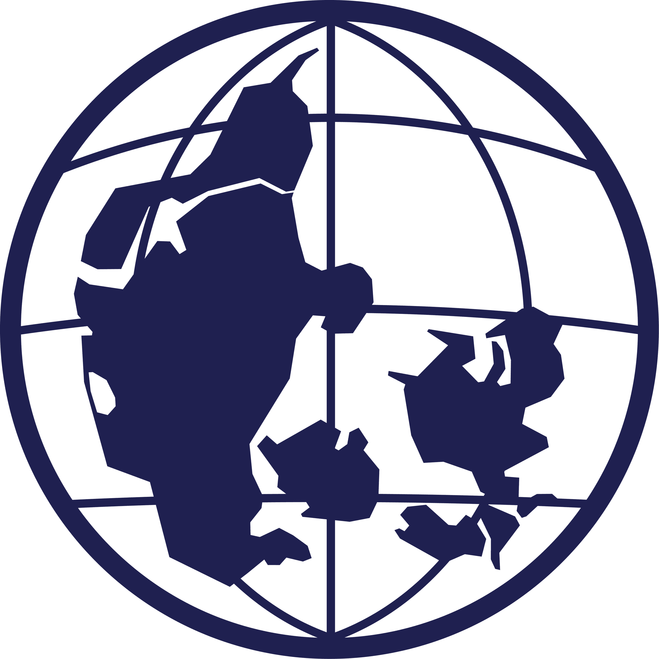En marineblå kontur af en globus med forvrængede, abstrakte landmasser på hvid baggrund, der ligner kontinenter, men ikke stemmer overens med den virkelige verdens geografi.
