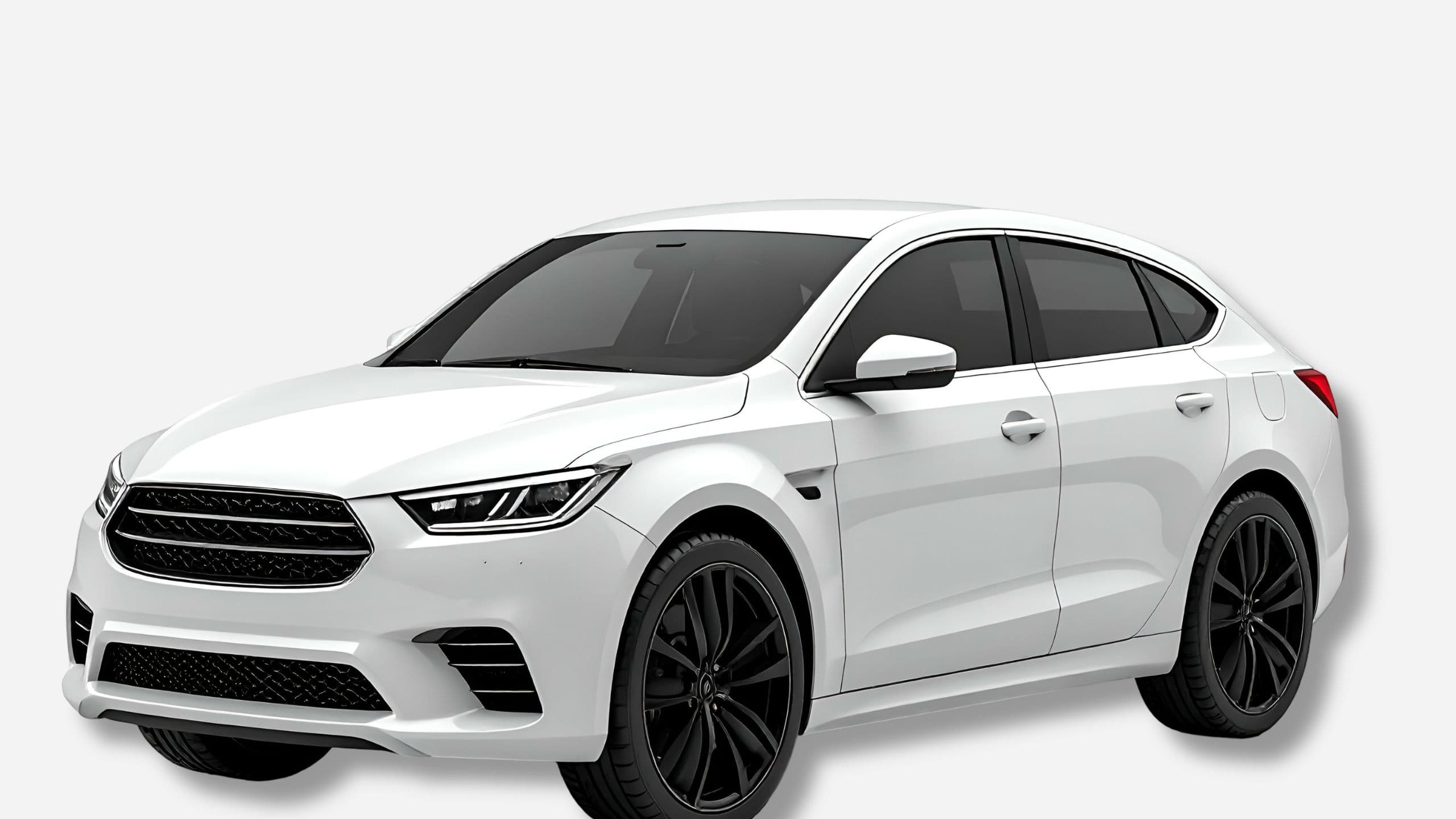 Hvid fire-dørs sedan med sorte fælge, tilgængelig hos Billeje Danmark. Lej bil i Danmark med rabat hos AVIS og Europcar