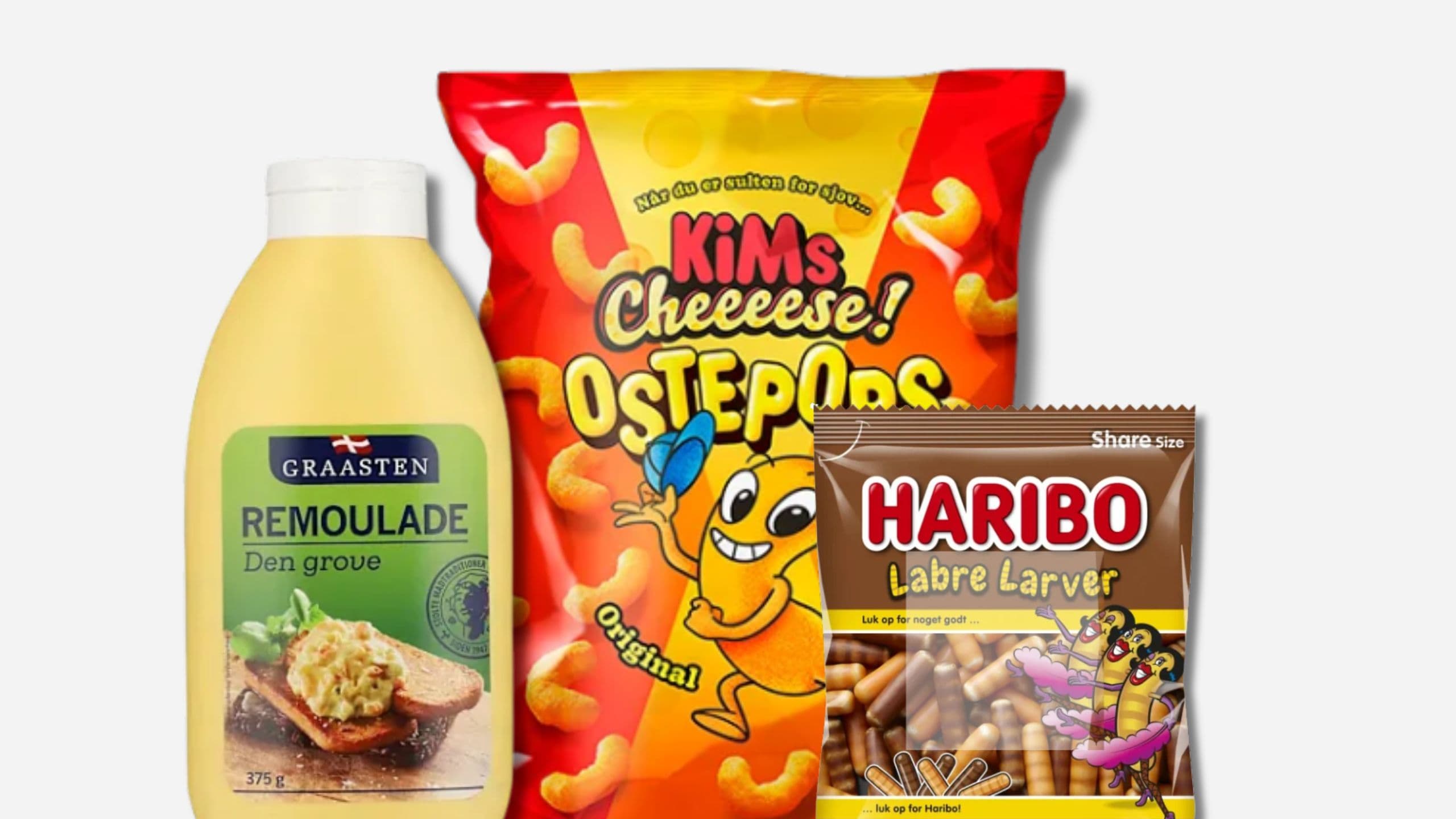 En flaske Graasten Remoulade, en pose KiMs Cheeeese Ostepops og en pose Haribo Labre Larver – alt sammen med rabat på danske varer. Få rabat på hjemve.dk