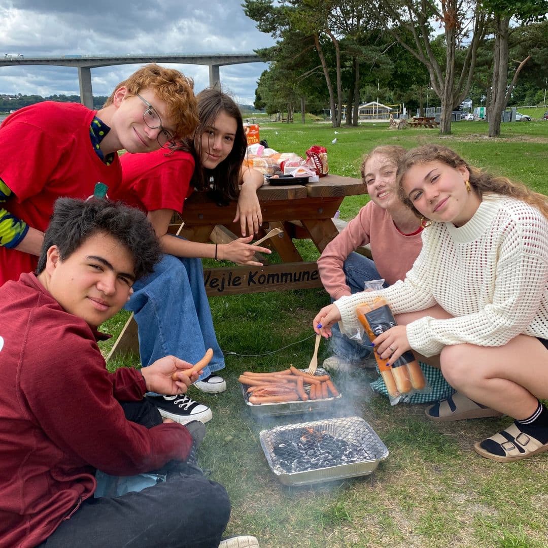 Fem teenagere smiler og poserer omkring en lille grill med hotdogs, mens de sidder på græsset tæt på et picnicbord – en perfekt dag i parken, der indfanger glæden ved at være ung efter en flyvetur til Danmark.
